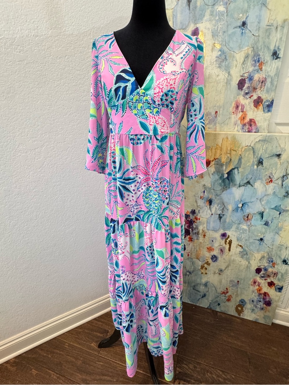 Lilly Pulitzer Pink Tropical Floral V-Neck Maxi Dress